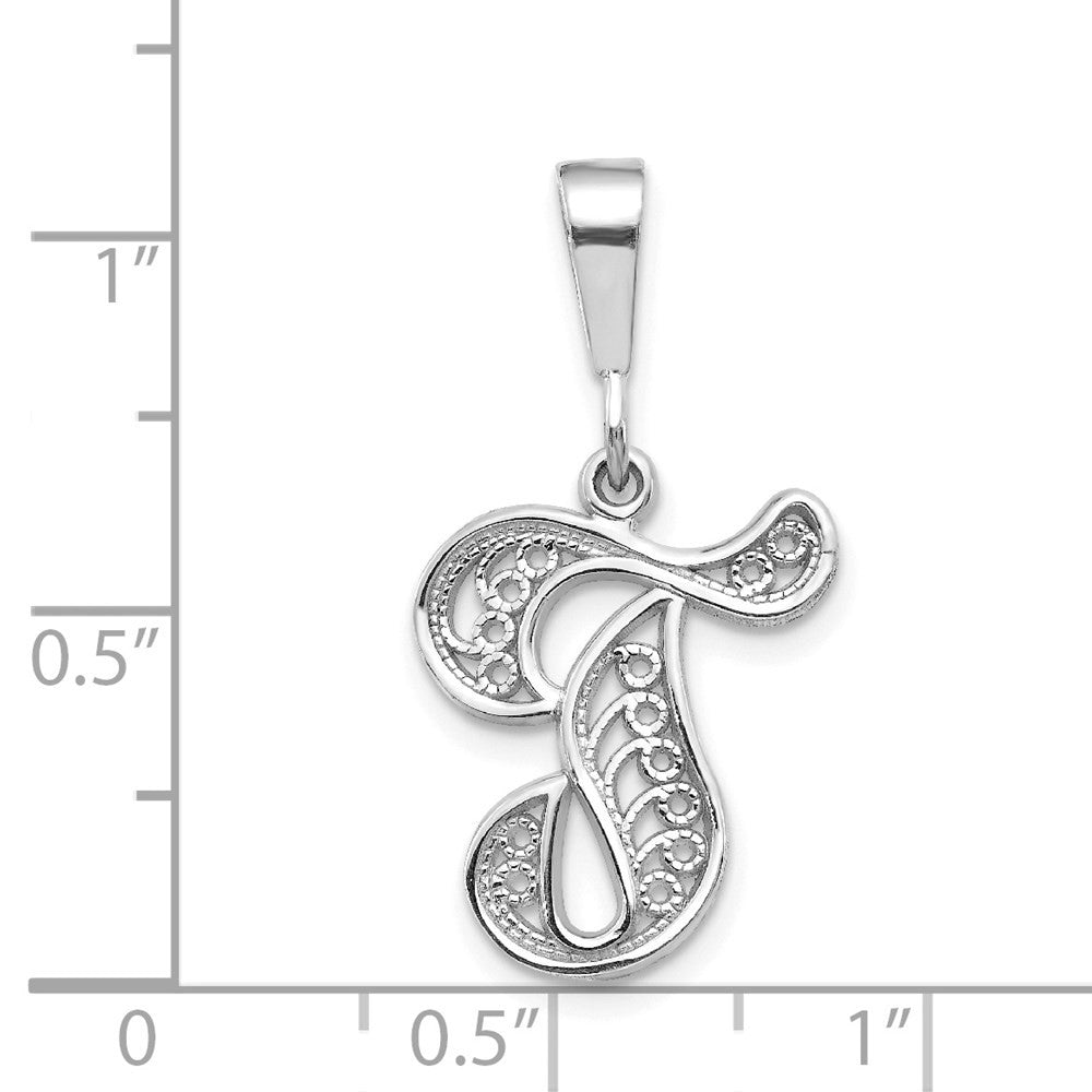 14k White Gold Solid Polished Script Filigree Letter T Initial Pendant