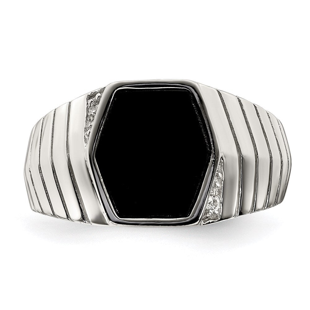 Sterling Silver Rhodium-plated Men's Cubic Zirconia & Onyx Ring Size 9