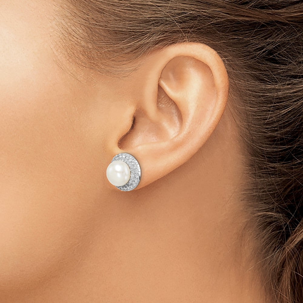 Sterling Silver 8-9mm White Button Cultured Pearl and CZ Post Earrings