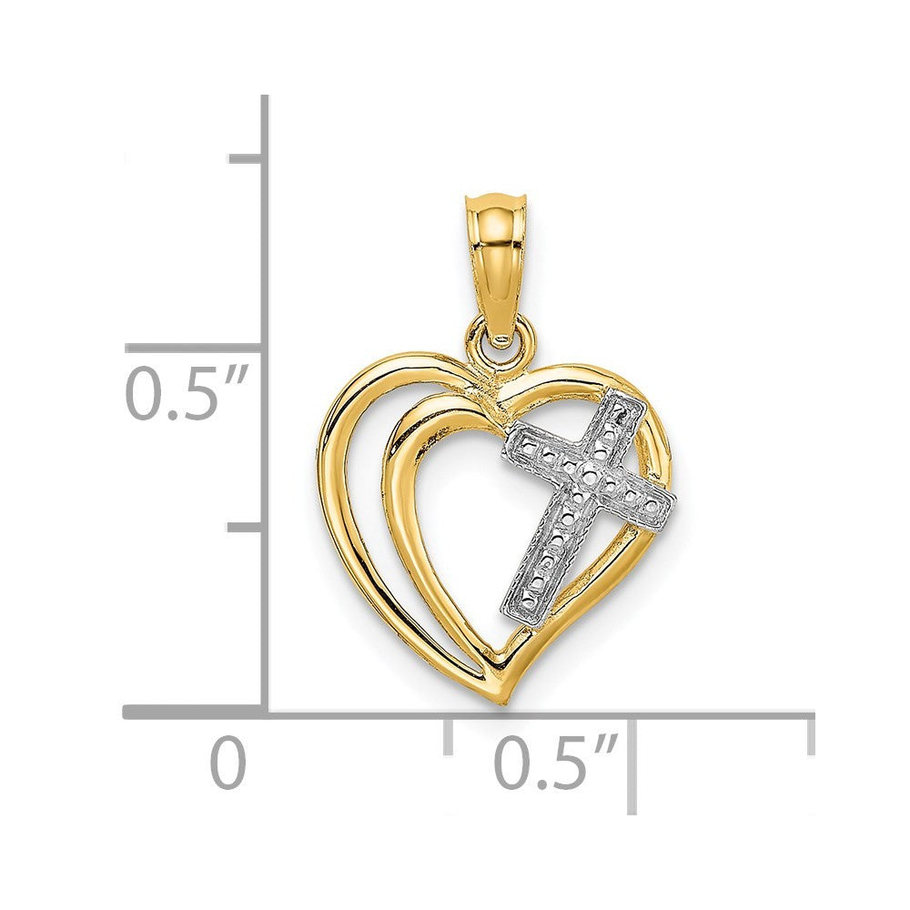 14k Yellow Gold W/ Rhodium Cross In Heart Charm