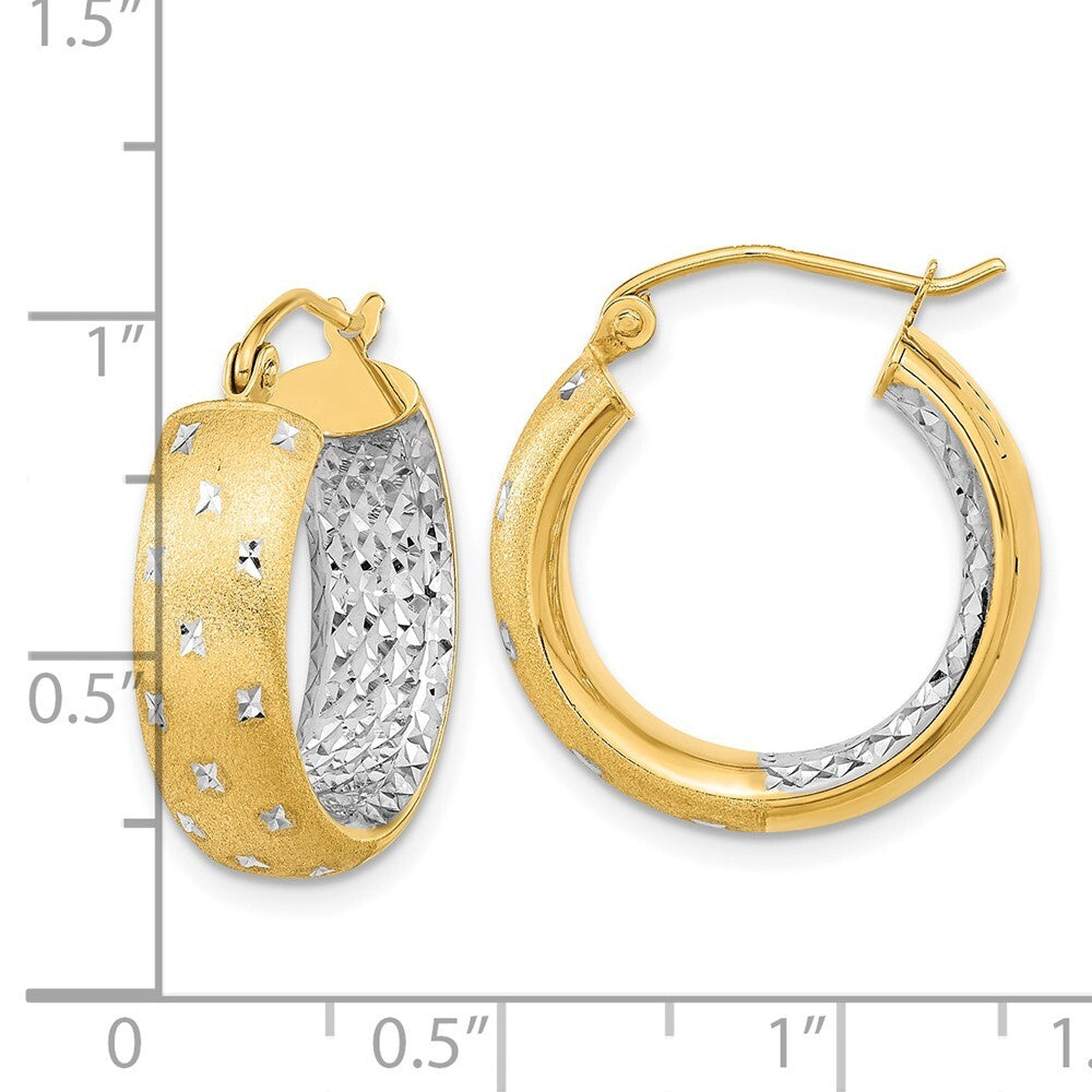 14k Yellow Gold White Rhodium Polished Satin Diamond-cut In/Out Hoop Earrings