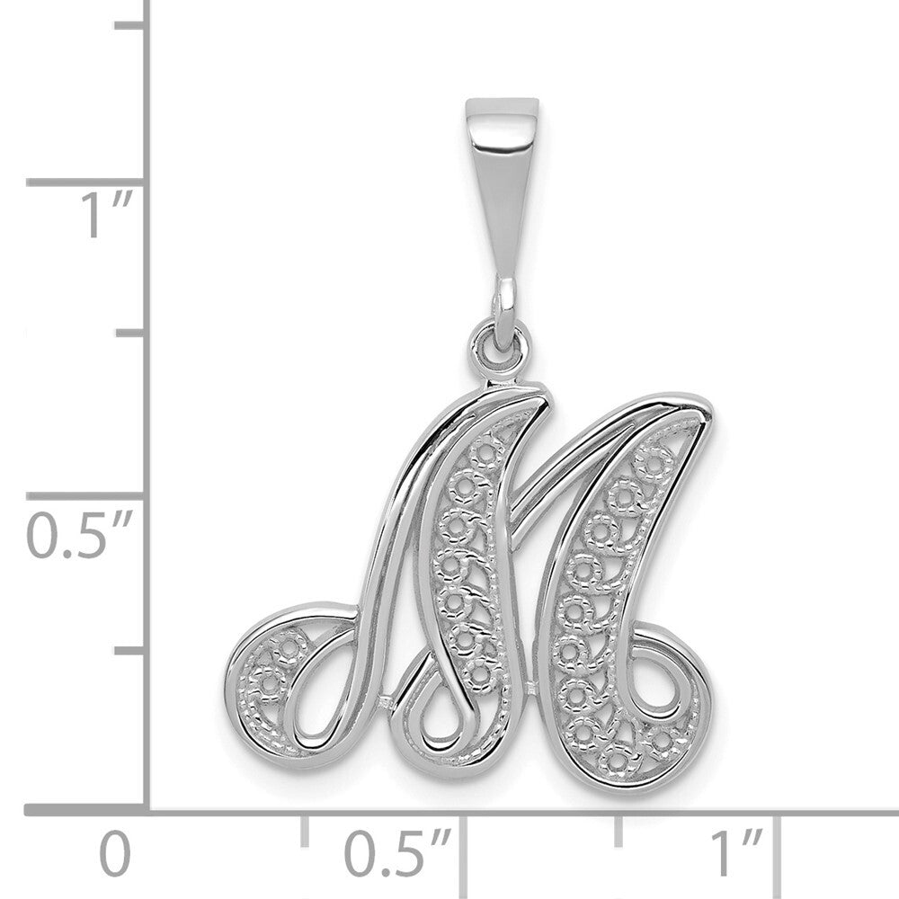 14k White Gold Solid Polished Script Filigree Letter M Initial Pendant for Women