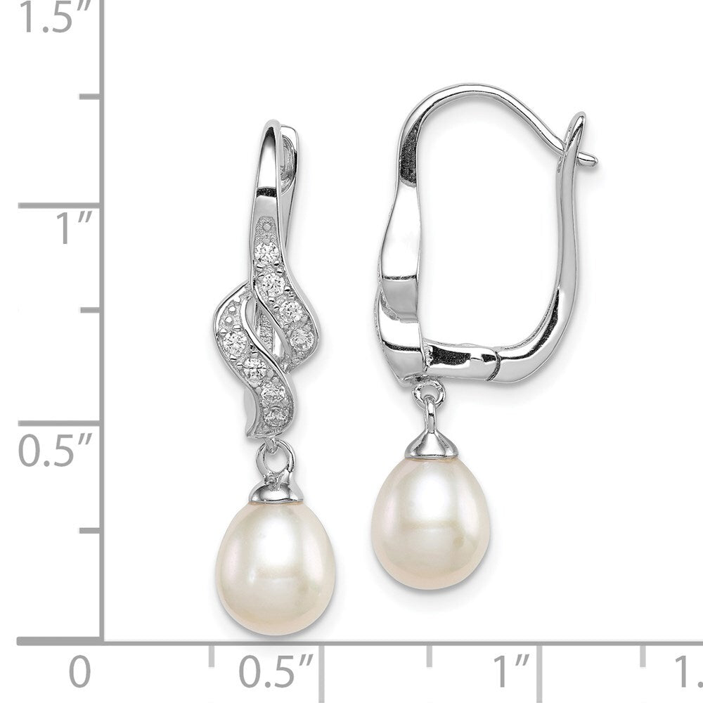 Sterling Silver 7-8mm Teardrop Cultured Pearl & Cubic Zirconia Dangle Earrings