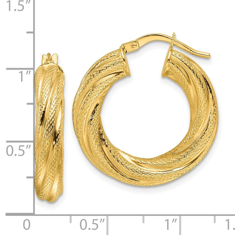 14k Yellow Gold Polished 4.7mm Textured Twist Round Hoop Earrings