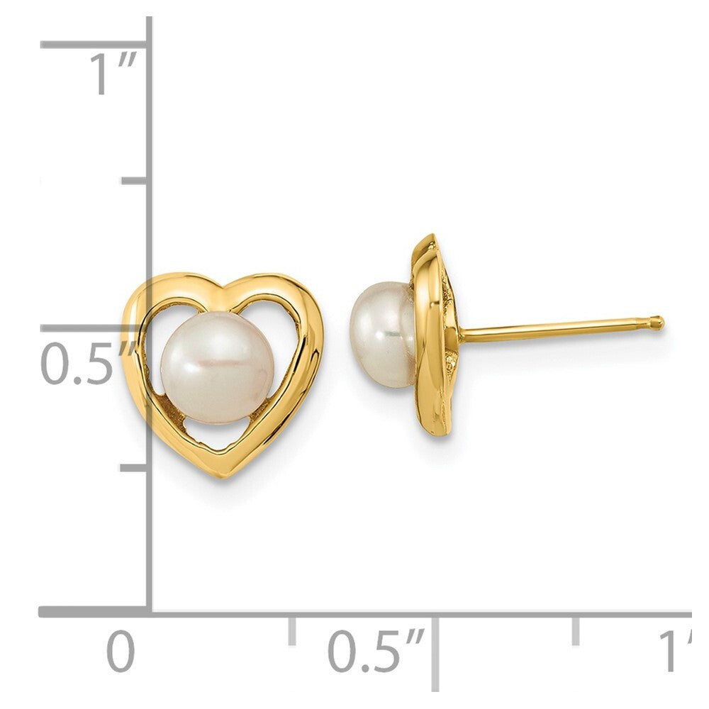 14k Yellow Gold 4-5mm White Button Freshwater Cultured Pearl Heart Stud Earrings