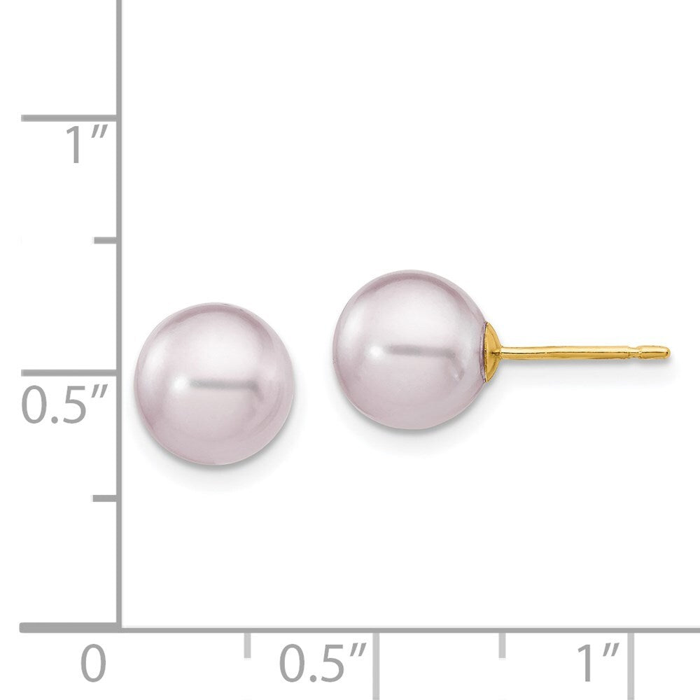 14k Yellow Gold 8-9mm Purple Round Freshwater Cultured Pearl Stud Earrings