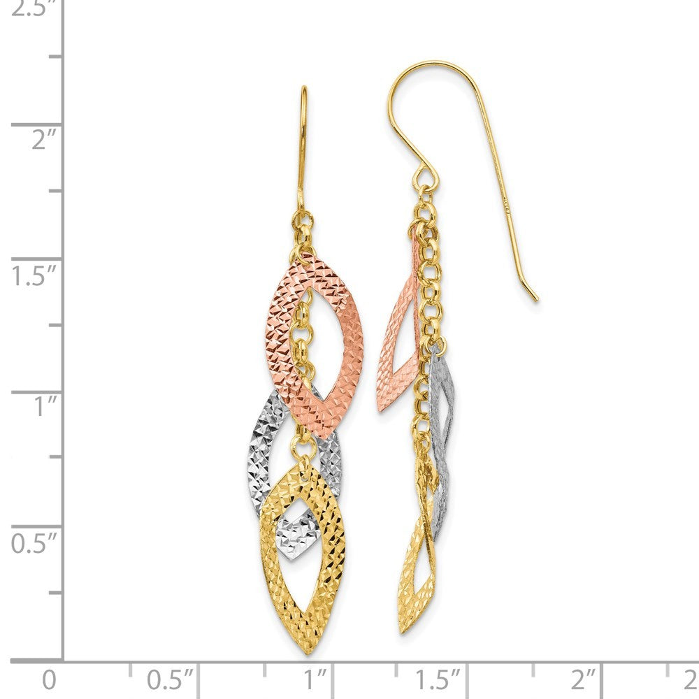 14K Tri-color Diamond Cut Tear Drop Drop Dangle Earrings w/ Shepherd Hook