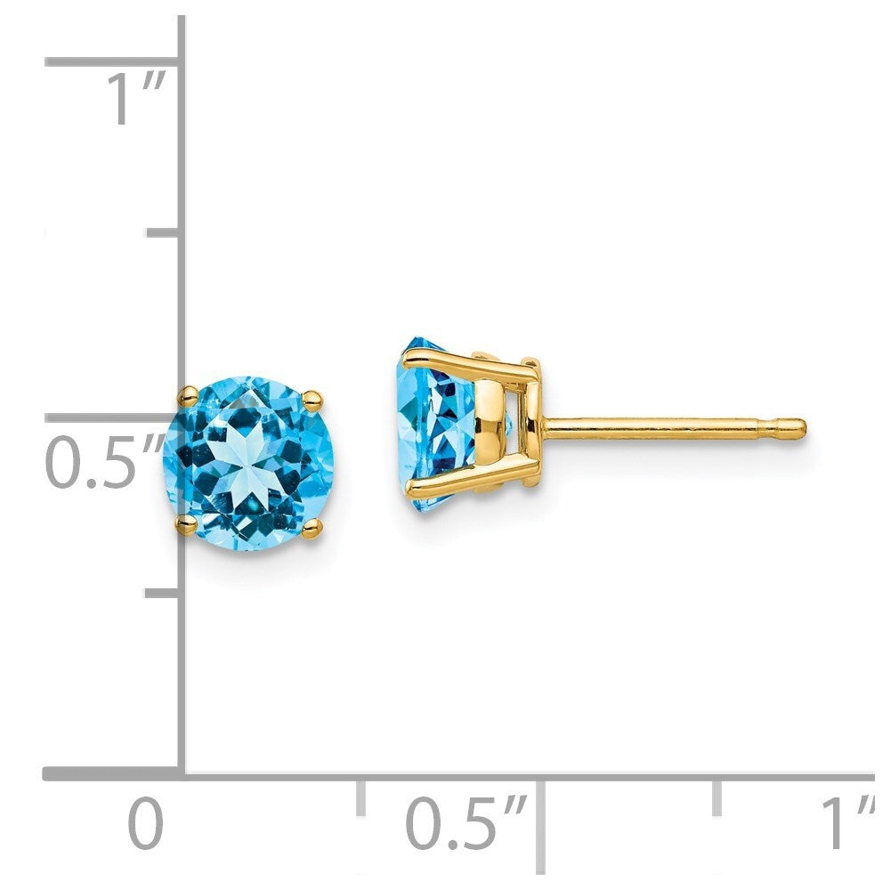 14k Yellow Gold 6mm Blue Topaz Stud Earrings Gift for Women