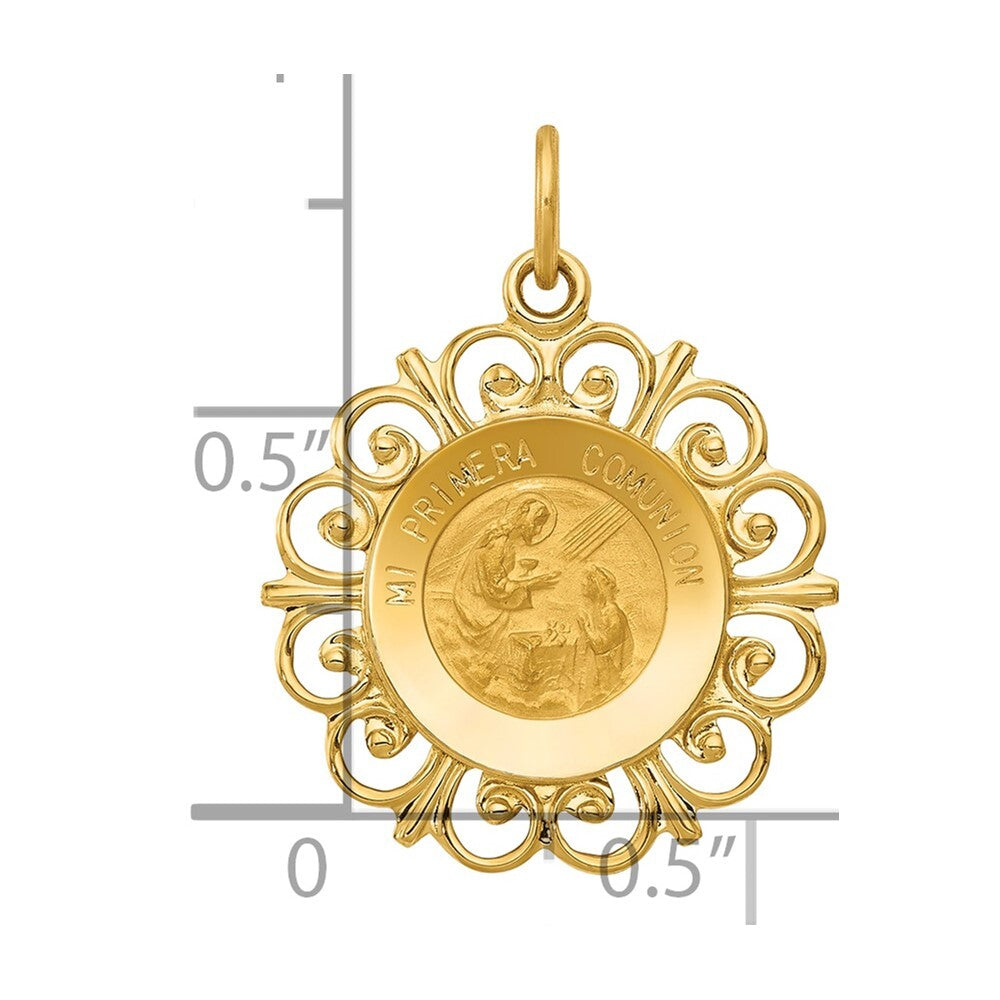 14k Yellow Gold Polished/Satin Spanish 1st Communion Medal Hollow Pendant