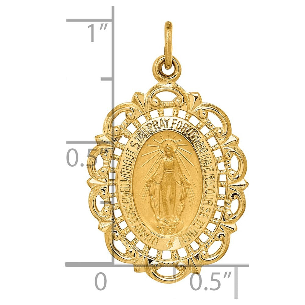 14k Yellow Gold Solid Polished/Satin Fancy Pierced Oval Miraculous Medal Pendant