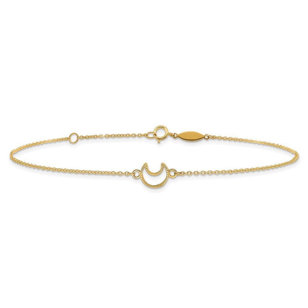 14k Yellow Gold Textured and Polished Crescent Moon 10" Anklet