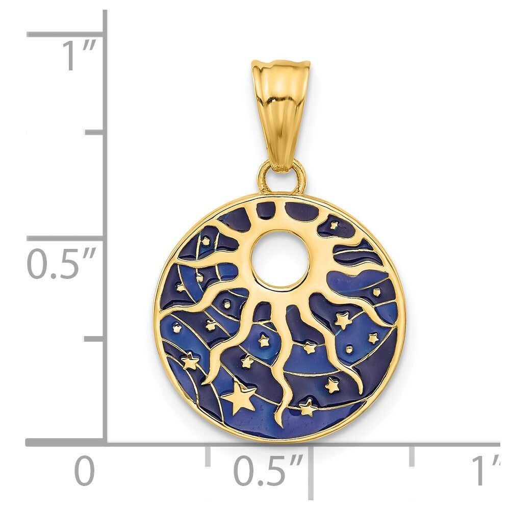 14k Yellow Gold Polished Enameled Sun and Stars Pendant for Women