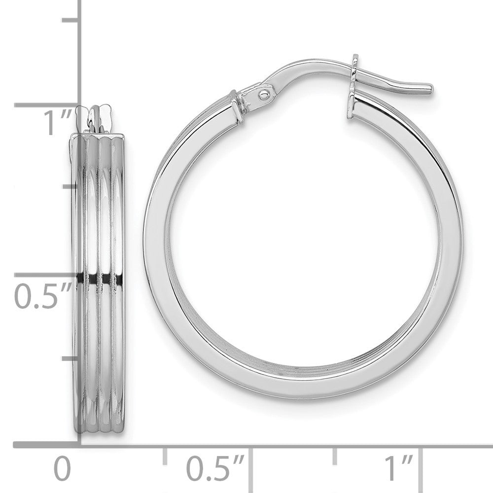14k White Gold Polished and Grooved 4 x 24mm Tube Hoop Earrings