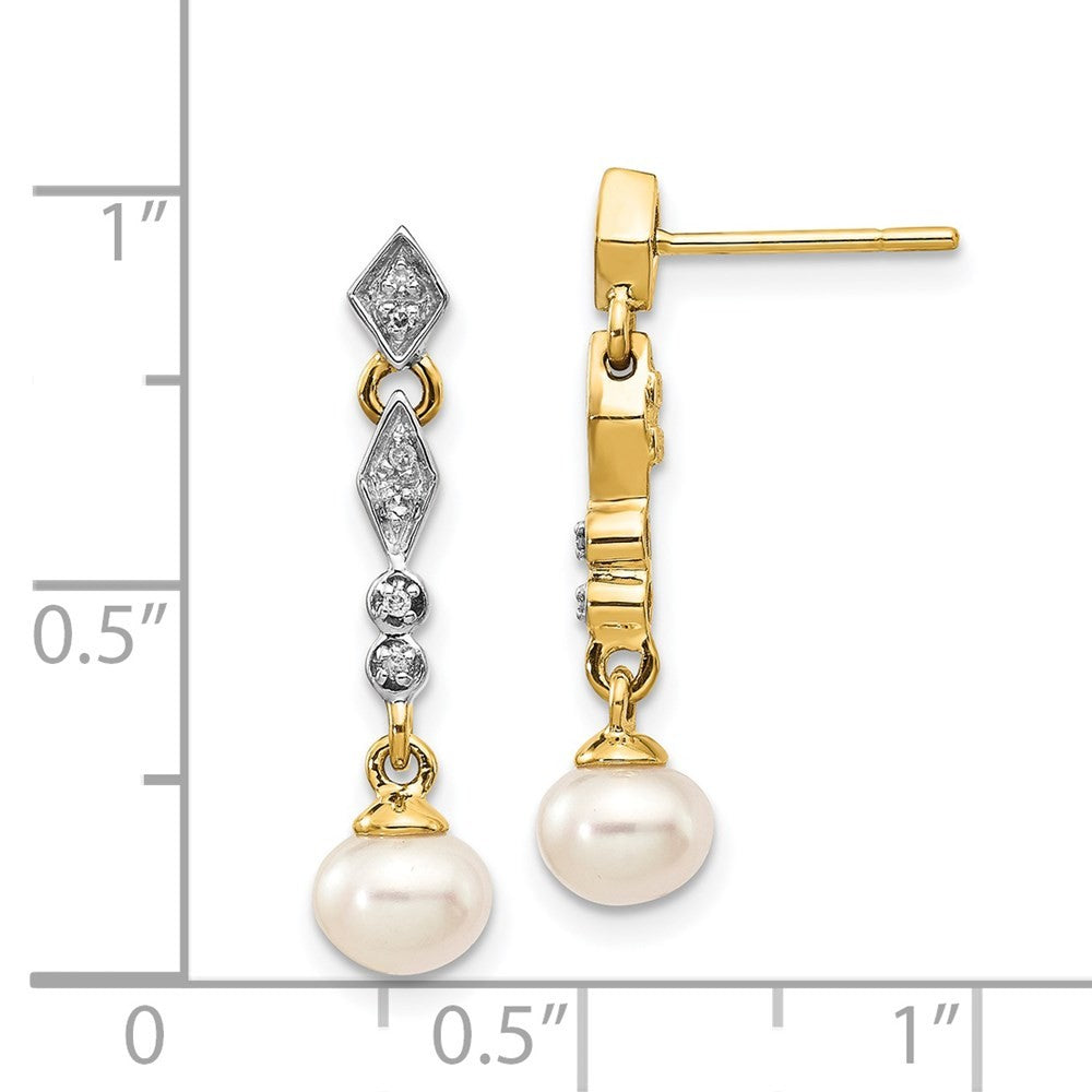 14k Yellow Gold Rhodium 5-6mm Semi-round FWC Pearl .04ct Diamond Earrings