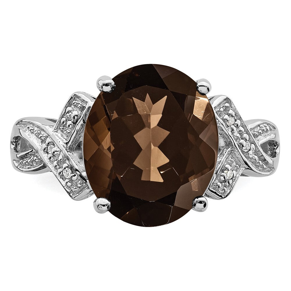 Sterling Silver Rhodium Smoky Quartz Diamond Ring Size 6