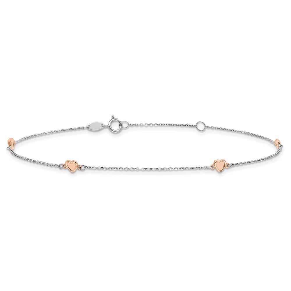 14K White and Rose Gold Satin Hearts 4-Station Anklet 10"