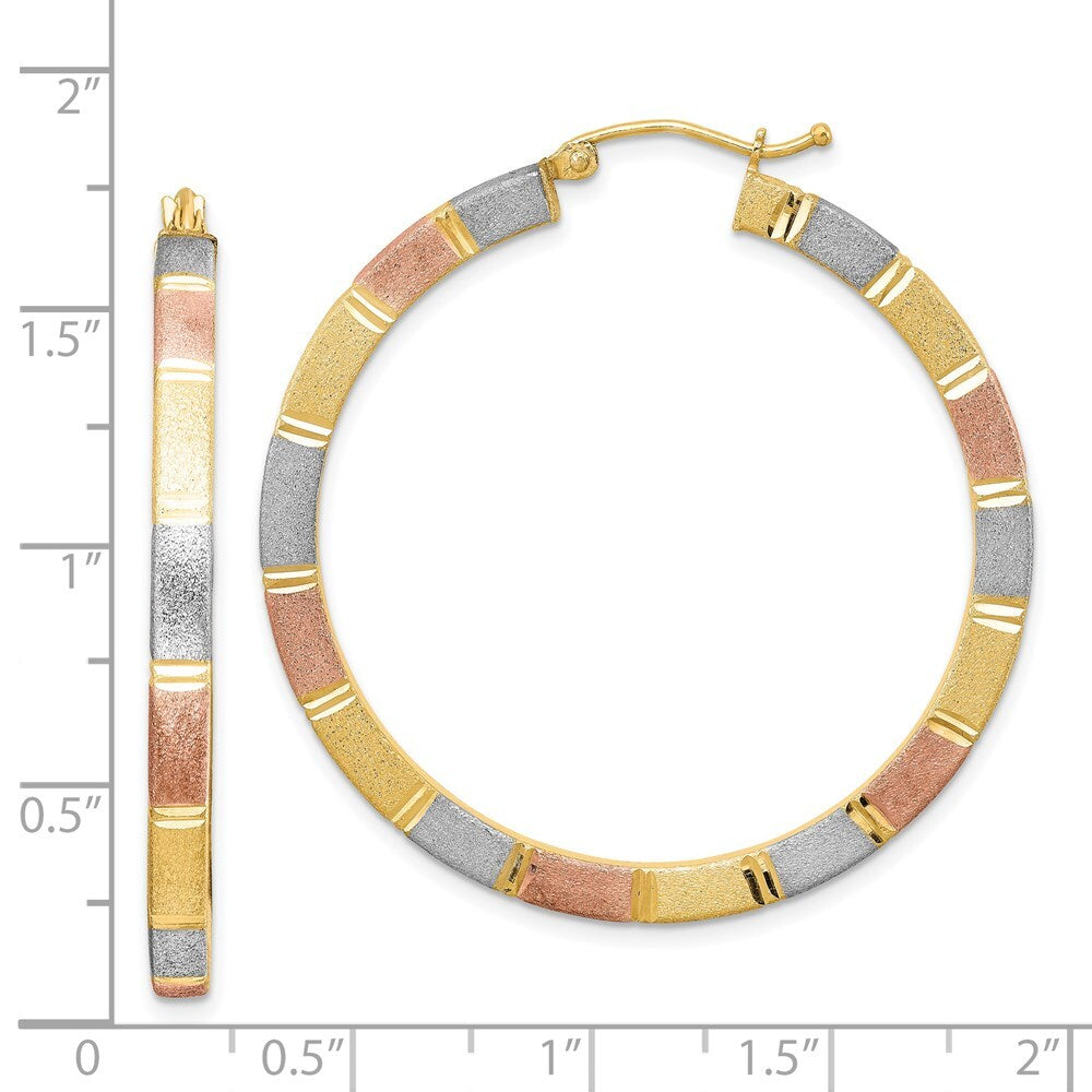 Sterling Silver Rhod-plated Rose/Yellow Vermeil Diamond-cut 3x40mm Hoop Earrings
