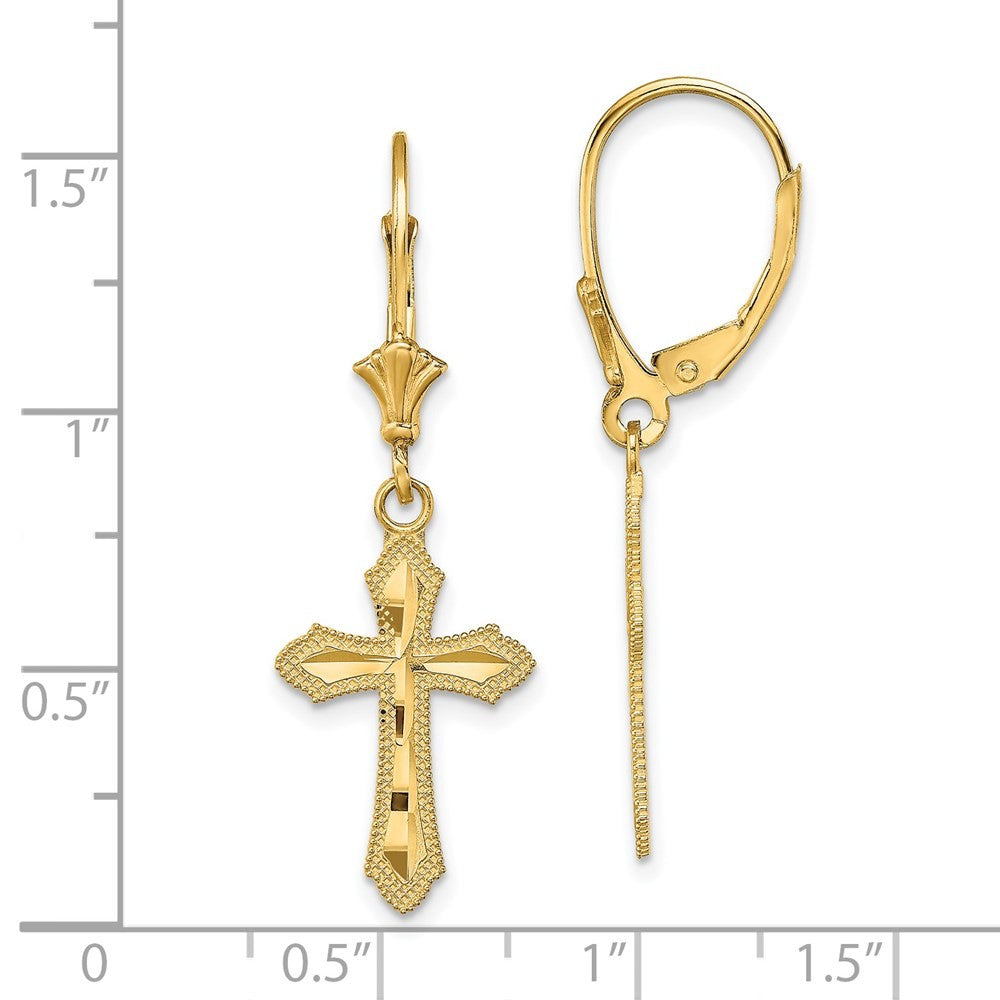 14k Yellow Gold Diamond-Cut Cross Beaded Edge Drop Dangle Earrings