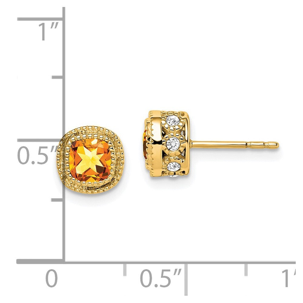 14k Yellow Gold Cushion Citrine and Diamond Stud Earrings