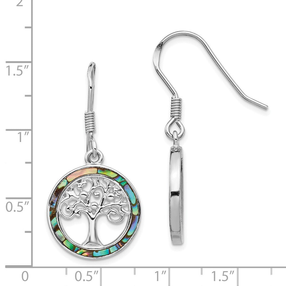Sterling Silver Rhodium-plated Abalone Circle Tree Dangle Earrings