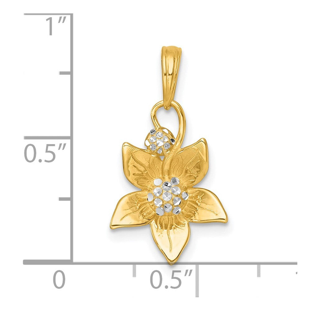14k Yellow Gold with White Rhodium Polished Blooming Flower Charm Pendant