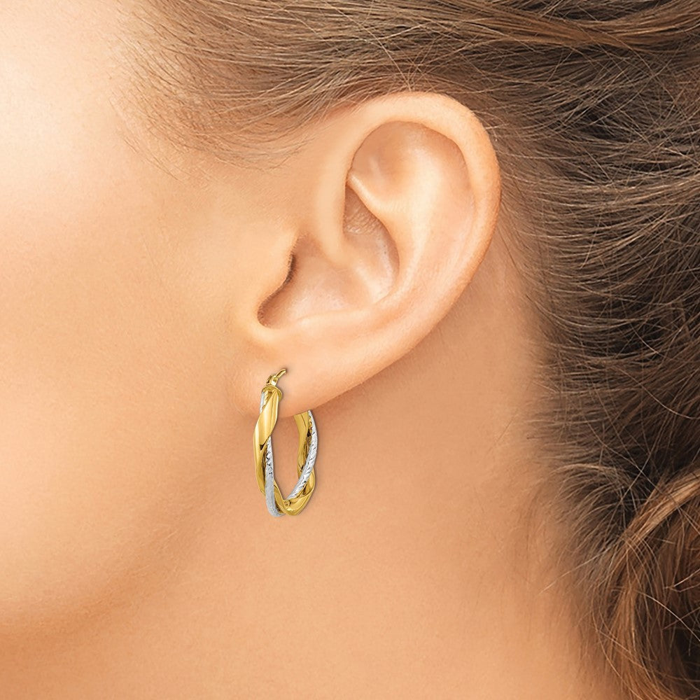 14k Two-tone Gold Polished Rope Twisted Oval Hoop Earrings