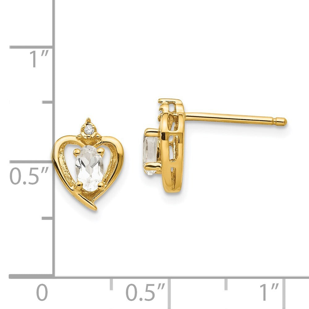 14k Yellow Gold White Topaz and Diamond Heart Stud Earrings Gift for Women