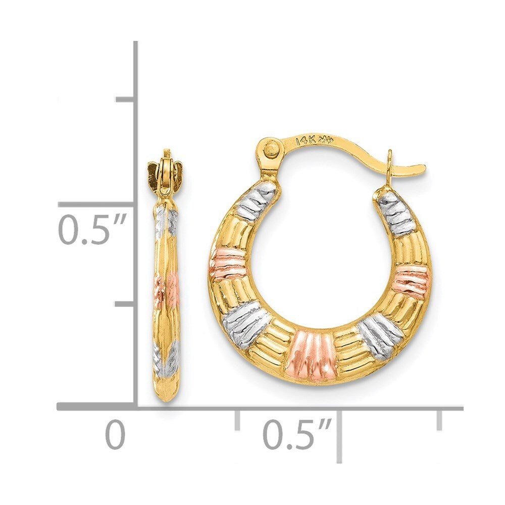 14k Yellow Gold & White and Rose Rhodium Hollow Textured Hoop Earrings