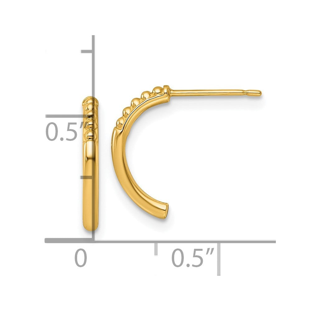 14k Yellow Gold Polished and Beaded J-Hoop Earrings