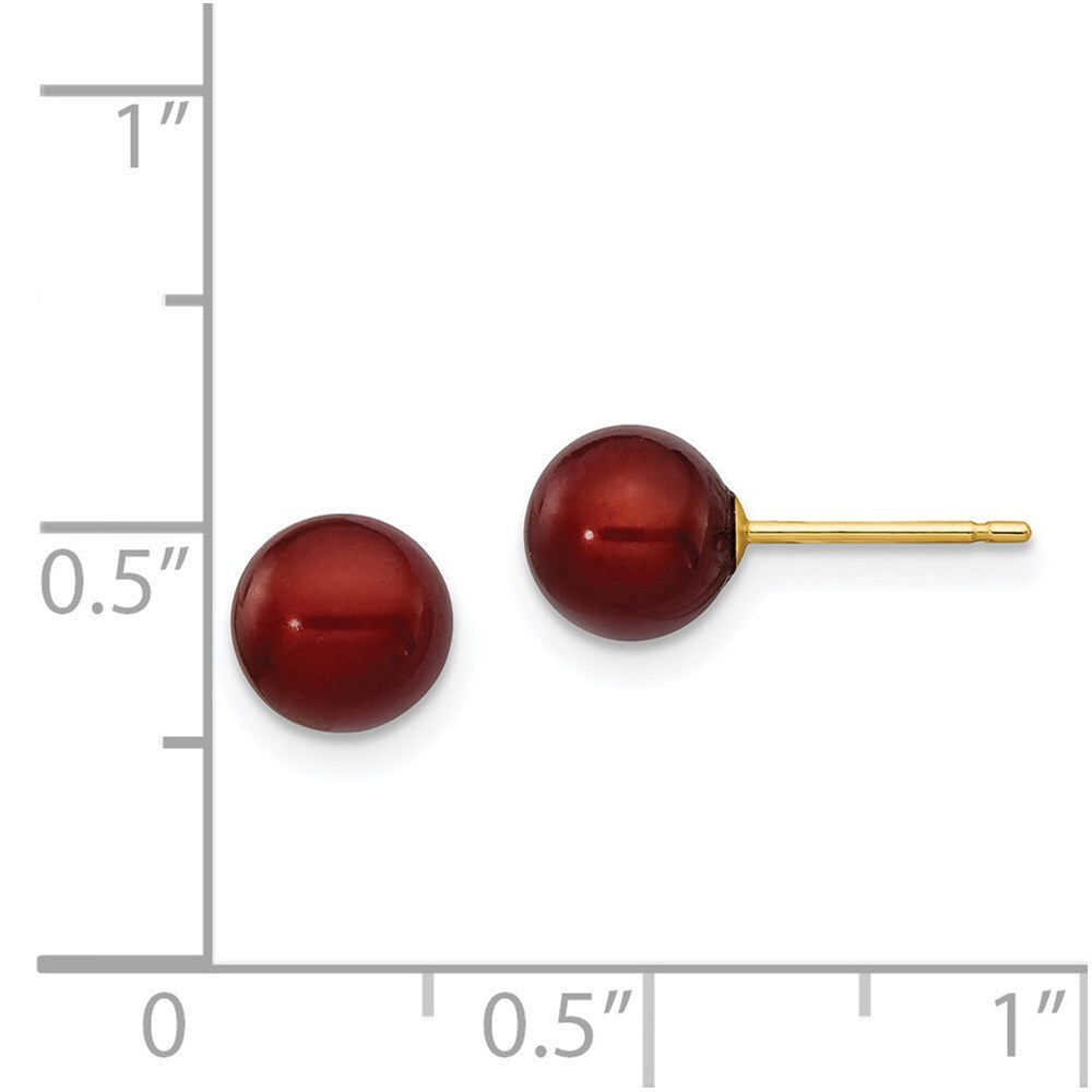 14k Yellow Gold 6-7mm Brown Round Freshwater Cultured Pearl Stud Earrings