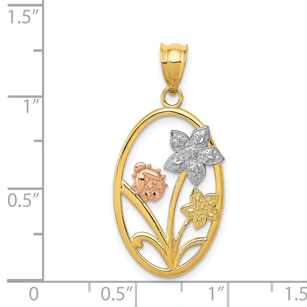14k Two-tone Gold White Rhodium Diamond-cut Oval Floral Pendant