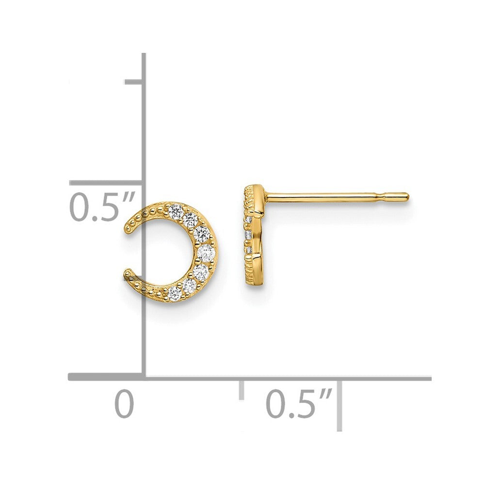 14k Yellow Gold Cubic Zirconia Moon Stud Earrings Gift for Women