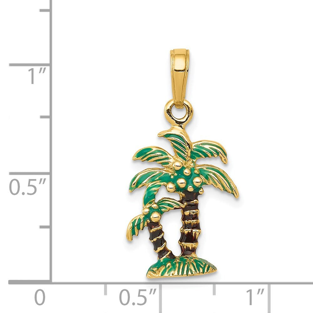 14k Yellow Gold 3D Enameled Palm Trees Pendant for Women