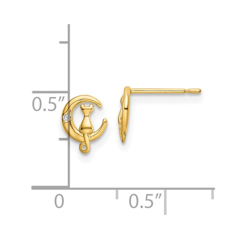 14k Yellow Gold Cubic Zirconia Cat on the Moon Stud Earrings Gift for Women