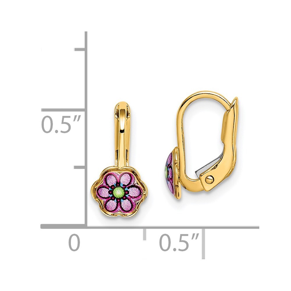 14k Yellow Gold Children's Enamel Flower Dangle Earrings Leverback