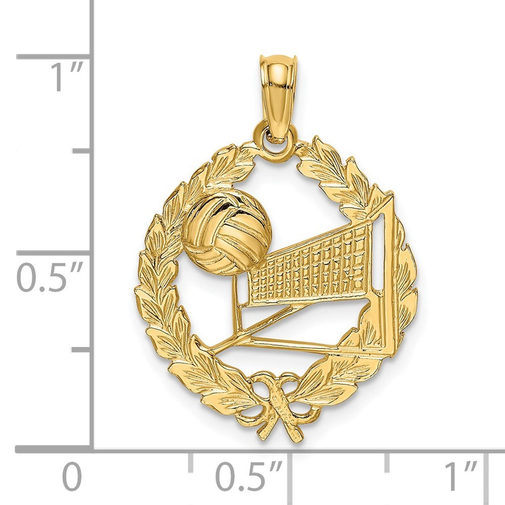 14k Yellow Gold Volleyball Story in Leaf Circle Charm