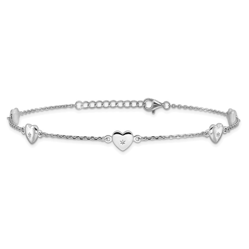 Sterling Silver Rhodium-plated Hearts 10" Anklet