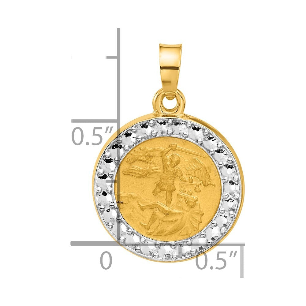 14k Yellow Gold with White Rhodium Hollow St. Michael Medal Pendant for Women