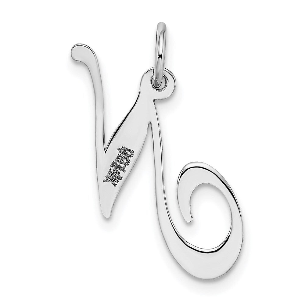 14k White Gold Medium Fancy Script Letter N Initial Charm Pendant for Women