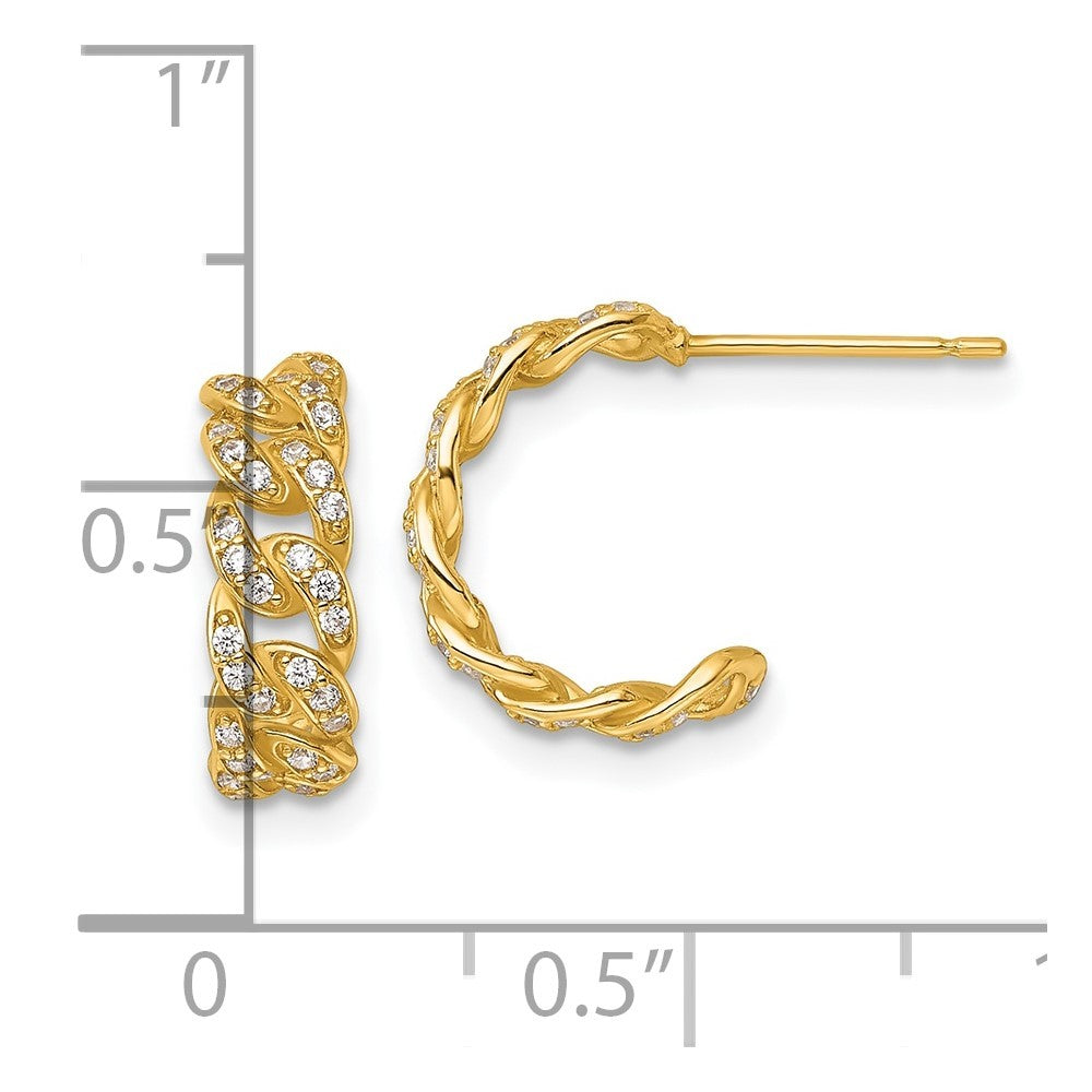 14k Yellow Gold Polished CZ Curb Link C-Hoop Earrings