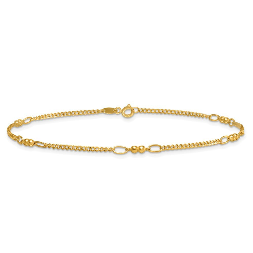 14k Yellow Gold Polished and Diamond-cut 5-Station Beaded Mixed Link 10" Anklet