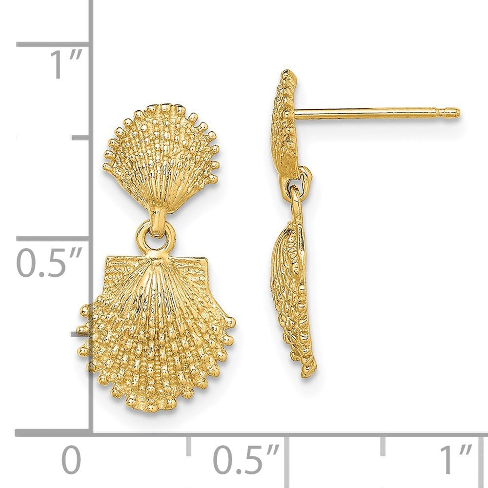 14k Yellow Gold Double Beaded Scallop Shell Dangle Earrings Gift for Women