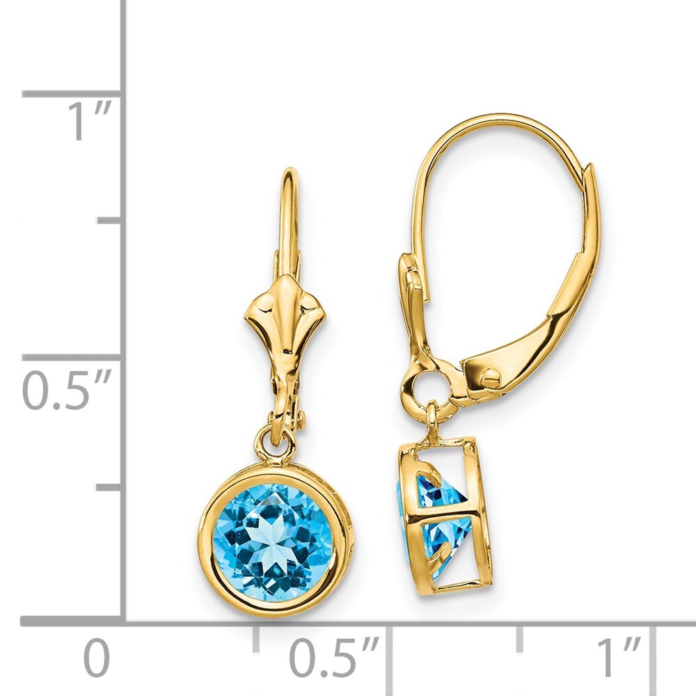 14k Yellow Gold 6mm Blue Topaz Dangle Earrings Leverback Gift for Women