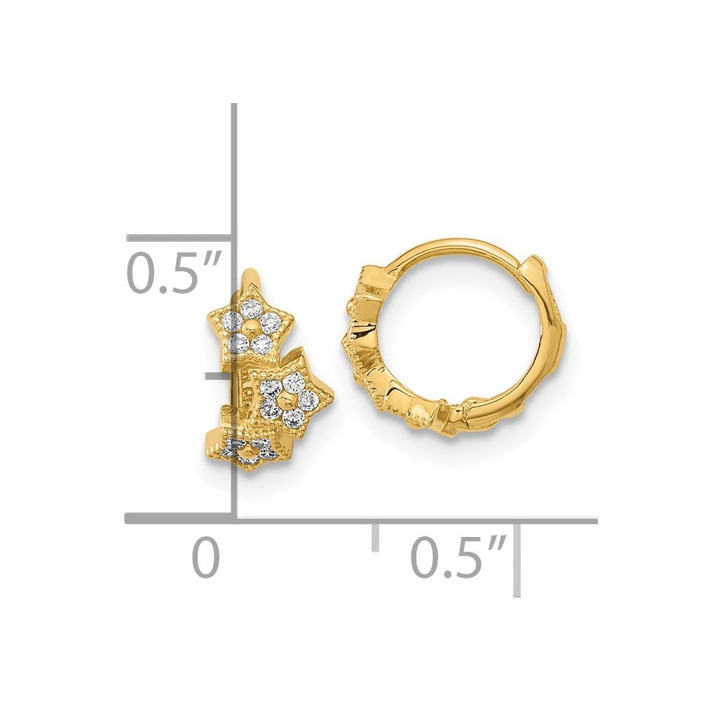14k Yellow Gold CZ 3-Star Hinged Hoop Earrings