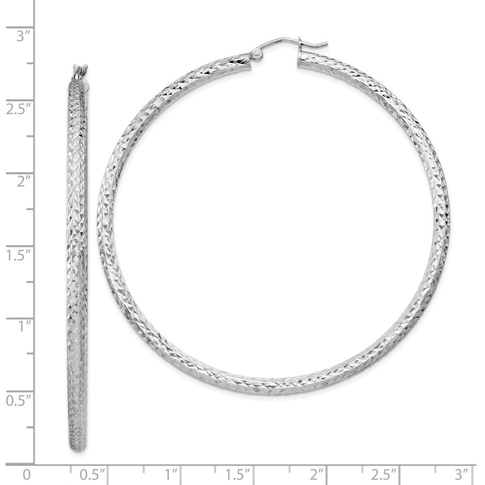 Sterling Silver Rhodium-plated Diamond-cut 3x65mm Hoop Earrings