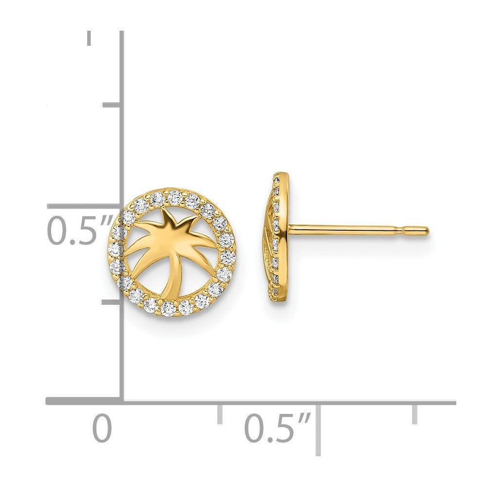 14k Yellow Gold Cubic Zirconia Palm Tree Stud Earrings Gift for Women