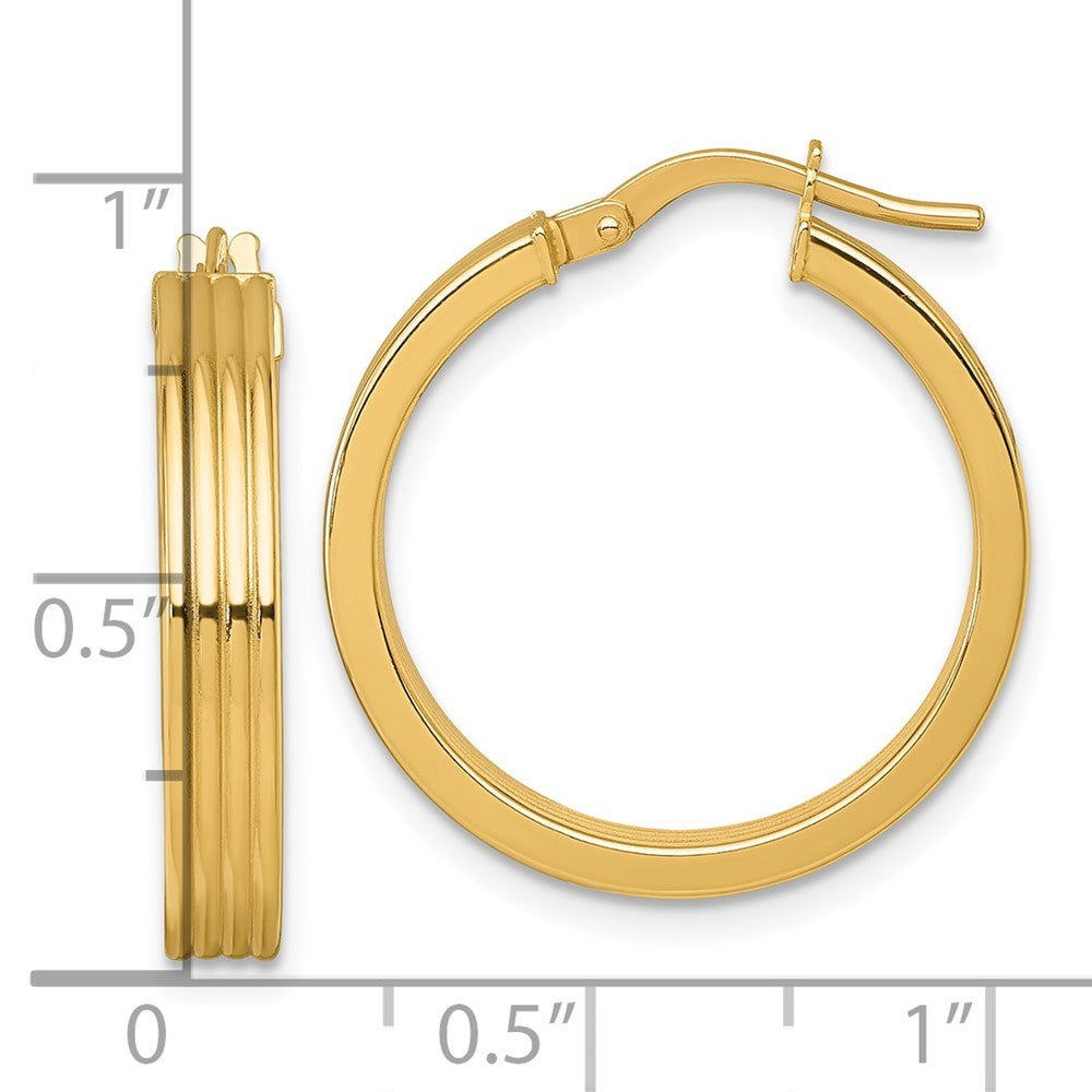 14k Yellow Gold Polished and Grooved 4 x 24mm Tube Hoop Earrings