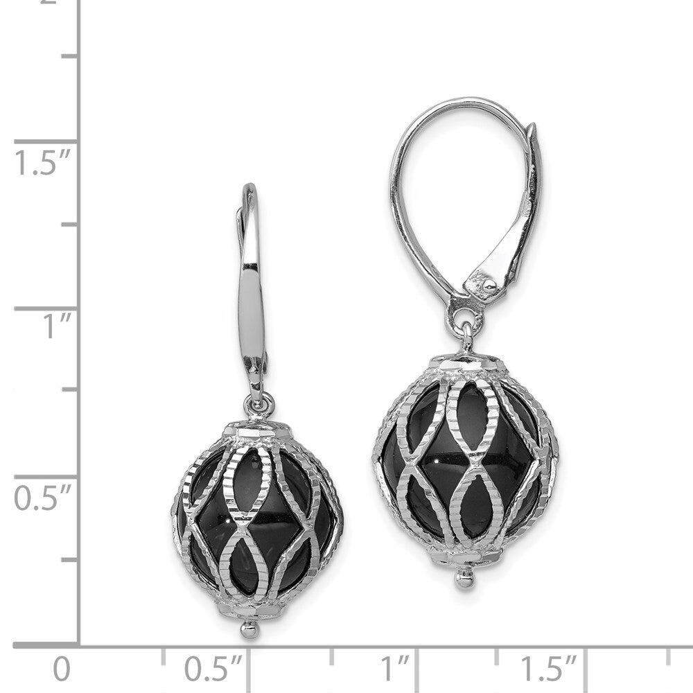 Sterling Silver Rhod-plated Polished Diamond-cut Onyx Leverback Dangle Earrings