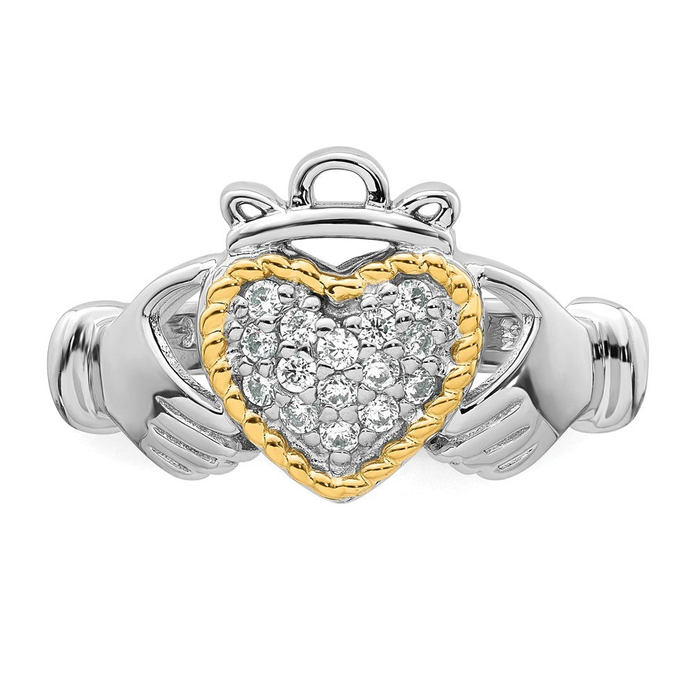 Sterling Silver Rhodium-plated with 14k Accent Polished CZ Size 8 Claddagh Ring