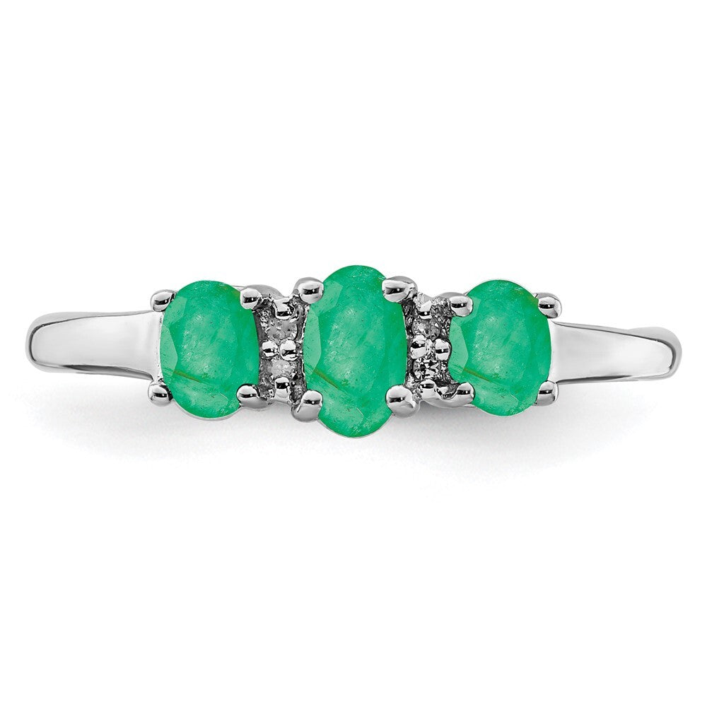 Sterling Silver Rhodium-plated Emerald 3 Stone and Diamond Ring Size 7